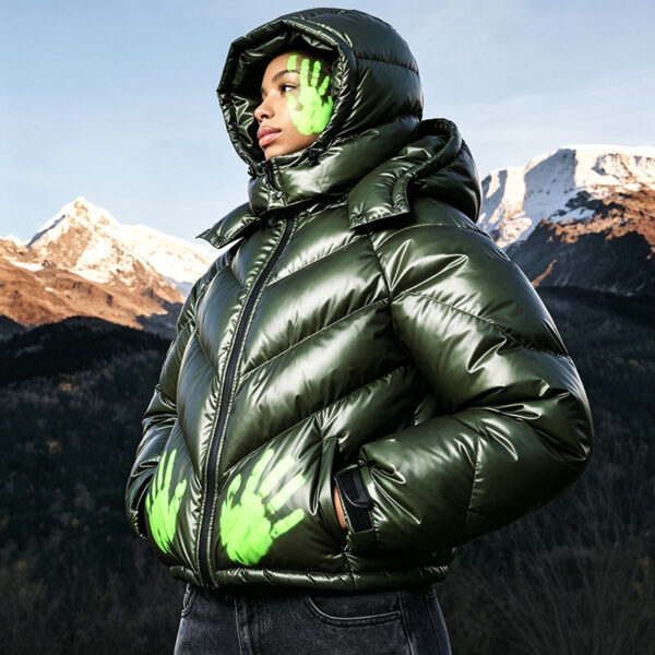 IMG_20260724_172446 Model wearing heat reactive color shift bubble puffer jacket streetwear