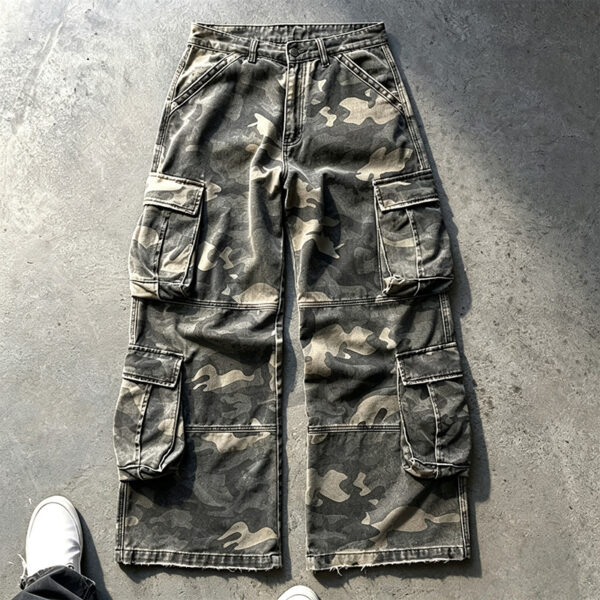 Vintage washed camo canvas cargo pants white background