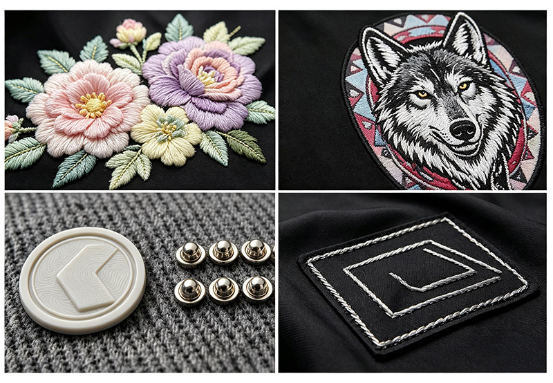 Process Customization, apparel custom craftsmanship including embroidery, screen printing, silicone and metal logo