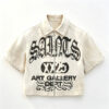 Men suede cropped zip shirt with rhinestone pearls streetwear
