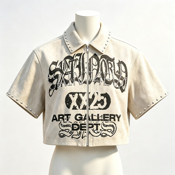 Custom rhinestone pearl suede cropped shirt for men