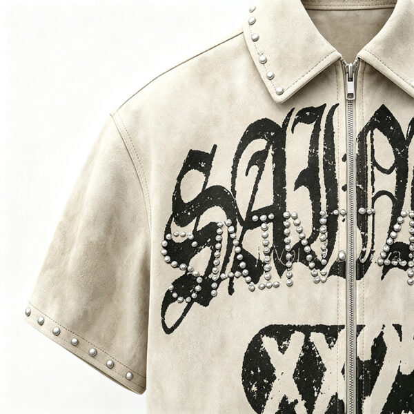 Rhinestone decorated men suede cropped zip shirt