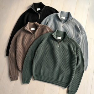Men personalized cotton knit quarter zip polo sweater